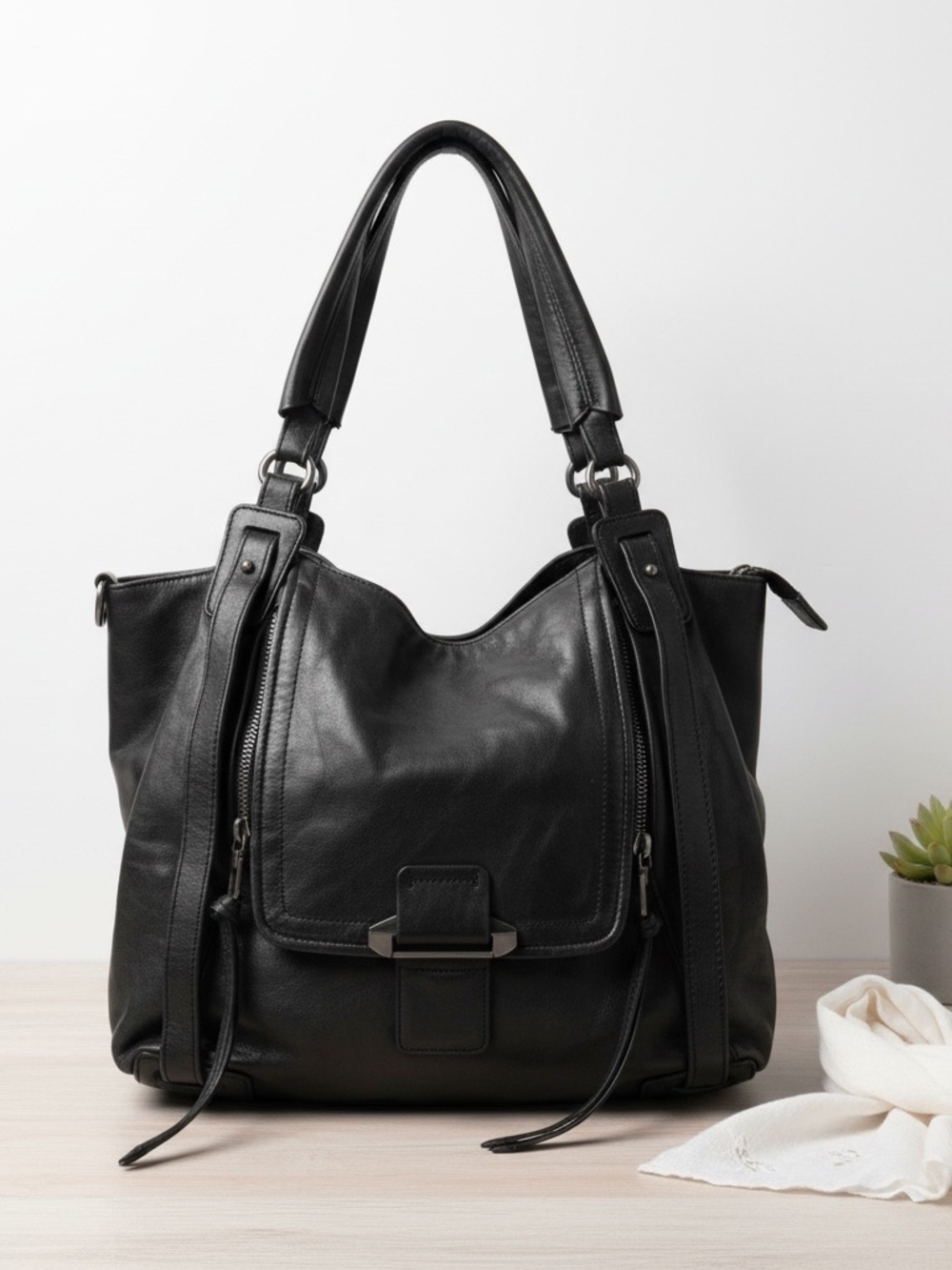 Kooba Black Leather Tote Handbag - Classic Everyday Shoulder Bag
